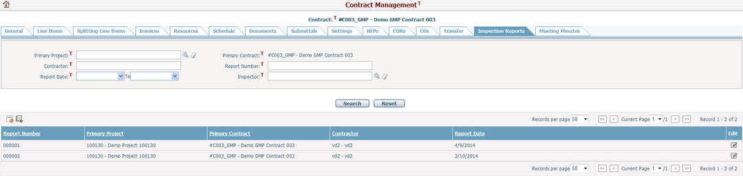 Contract Management_Inspection Reports Tab